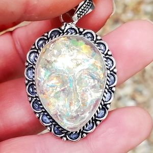 New Carved Opal Opalite Goddess Face 925 Silver Pendant.